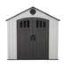 Straight-on view of the closed Lifetime Classic 8x5 Outdoor Storage Shed with dark gray doors.