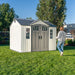 Front view of the Lifetime Shed Classic 10 x 8 with closed double doors and window panels.