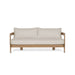 Straight-on front view of the Real Flame Arlo Outdoor Seat Sofa with Cushions, featuring a minimalist design with natural wood and cream upholstery.