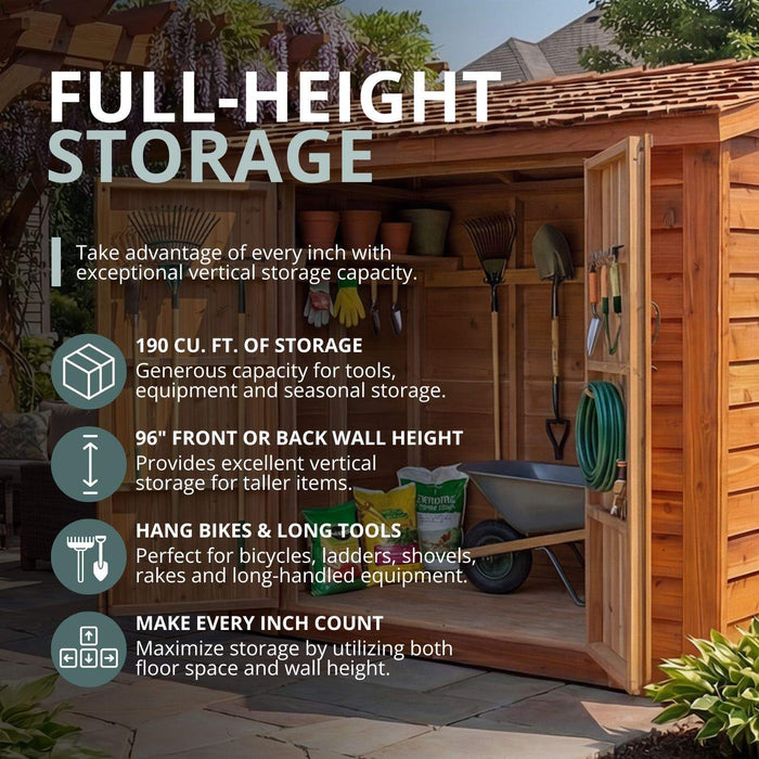 Cedar 8x4 SpaceSaver shed with double door, showing detailed wood construction and hardware close-up.