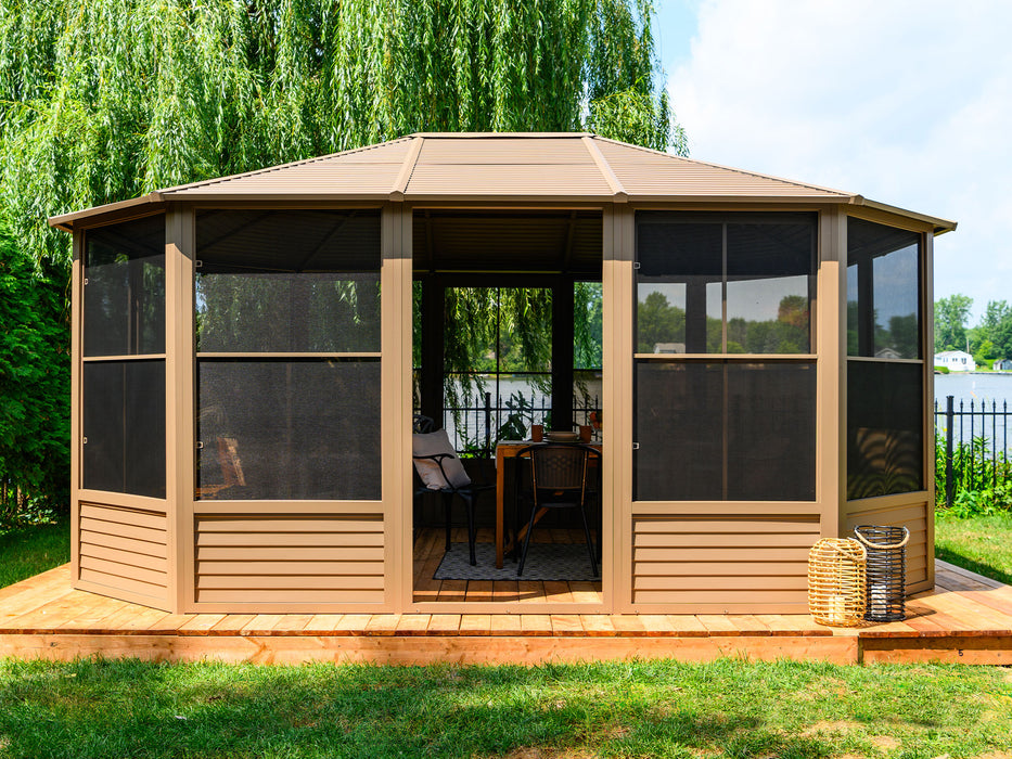 Full view of the Florence Freestanding Solarium gazebo with sand metal roof, displaying the entire structure 
