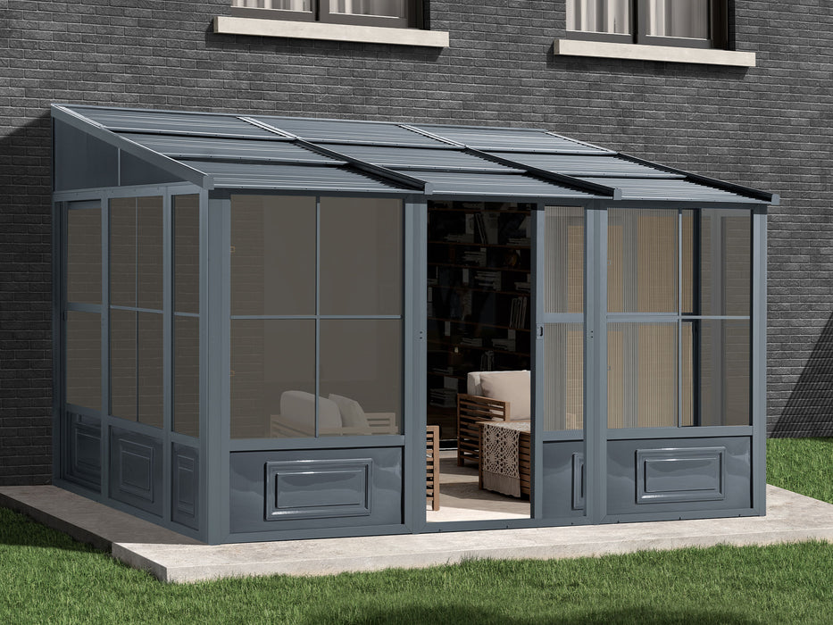 10x12 Gazebo Florence Wall mounted Solarium with a slate metal roof installed in a backyard setting.