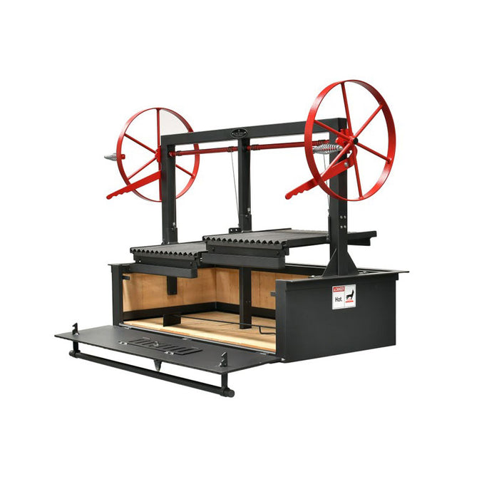 Full view of the Sunterra 48in Santa Maria Split Grate BBQ Grill, showcasing dual flywheels and a versatile cooking setup.