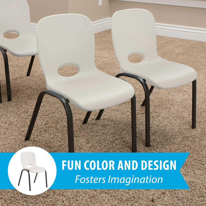Children’s stack chairs from Lifetime 13 Pack set shown in classroom setting with fun color design and molded handle