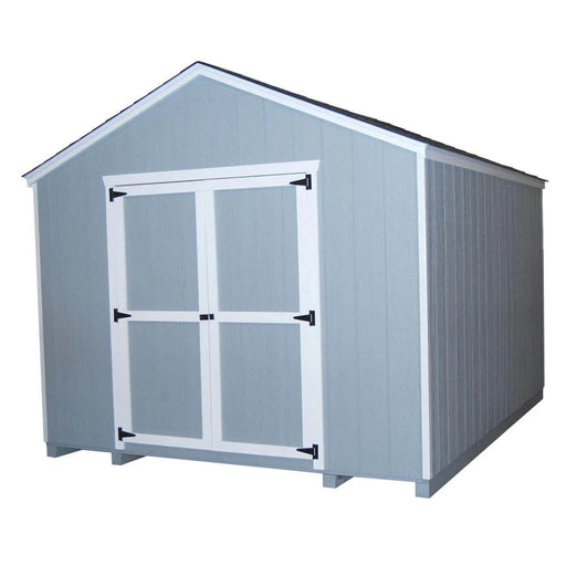 Exterior view of the Little Cottage Company Gable Value Shed with Floor Kit showing the double doors and gray siding.