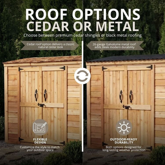 Side-by-side roof options for the Grand Garden Chalet 6x3, comparing premium cedar shingles with a black 26-gauge Galvalume metal roof.