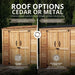 Side-by-side roof options for the Grand Garden Chalet 6x3, comparing premium cedar shingles with a black 26-gauge Galvalume metal roof.