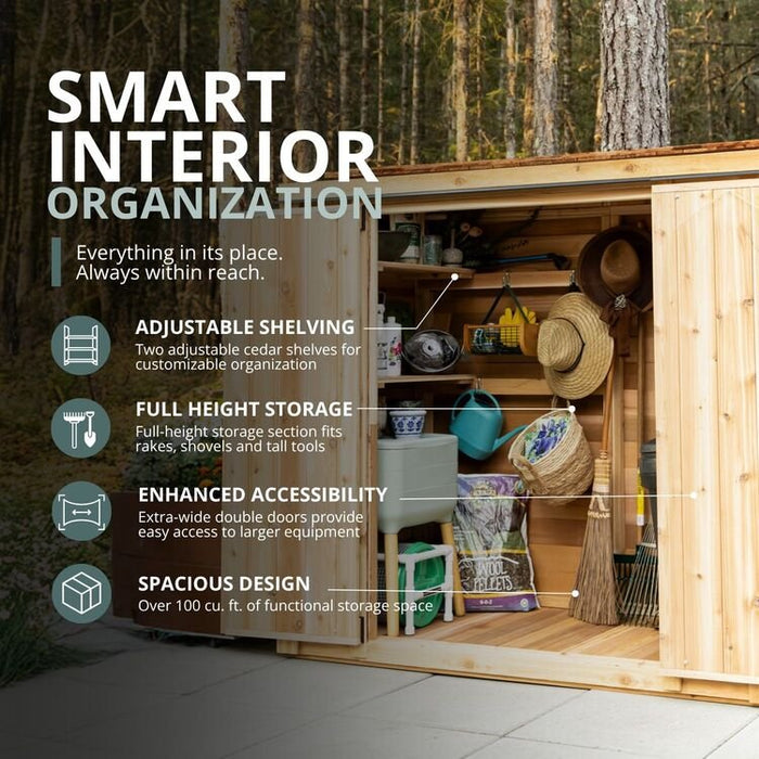 Open double doors reveal the Grand Garden Chalet 6x3 interior with adjustable cedar shelves, hanging hooks and over 100 cu. ft. of tool storage.