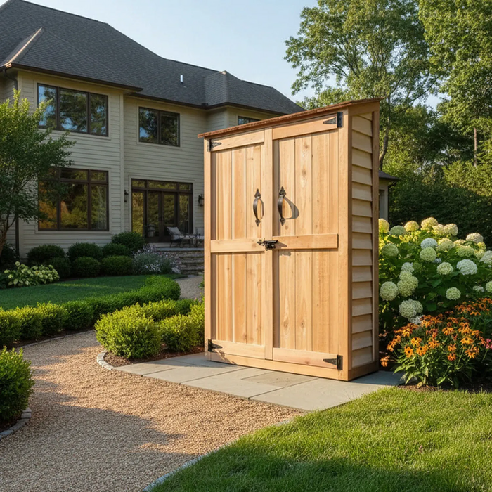 Close-up detail of the Outdoor Living Today Garden Chalet 4x2 cedar shed, showing natural wood grain and craftsmanship.