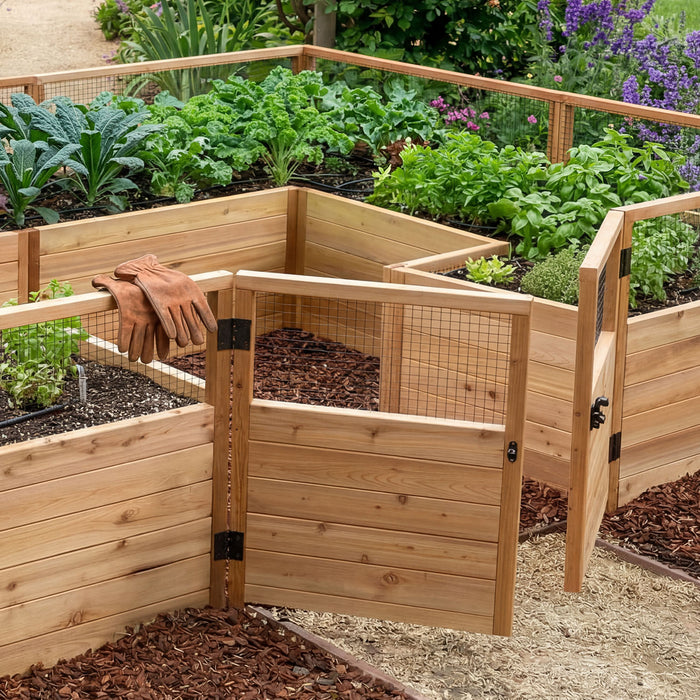 Close-up of the hinged cedar gate and wire mesh fencing on the 12x8 Garden in a Box raised bed, with leather gloves resting on the rail