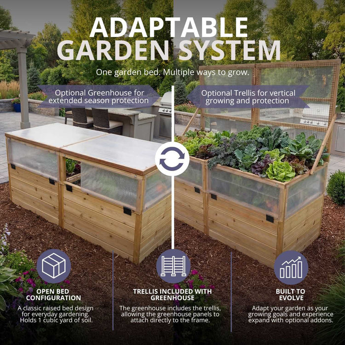Adaptable Outdoor Living Today Garden in a Box 6x3 shown side by side with an optional greenhouse cover and an open trellis planted with leafy greens.