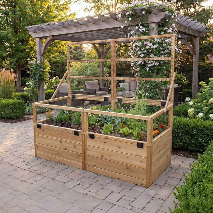 Outdoor Living Today Garden in a Box 6x3 with Lid / Trellis raised open on a paver patio, cedar bed planted with lettuce, kale and marigolds