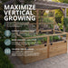 Outdoor Living Today Garden in a Box 6x3 with folding trellis lid raised upward, supporting climbing tomatoes, cucumbers and peas on a paver patio.