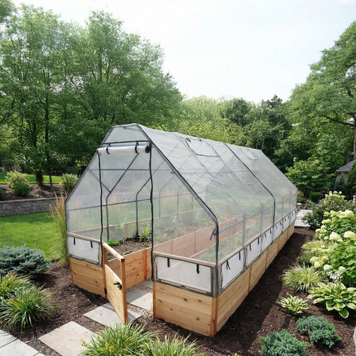 Outdoor Living Today Garden in a Box 8x16 with Greenhouse cover over cedar raised beds, roll-up vents and gate open onto a flagstone path