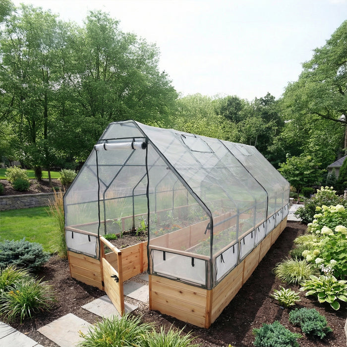 Outdoor Living Today Garden in a Box 8x16 with Greenhouse cover over cedar raised beds, roll-up vents and gate open onto a flagstone path