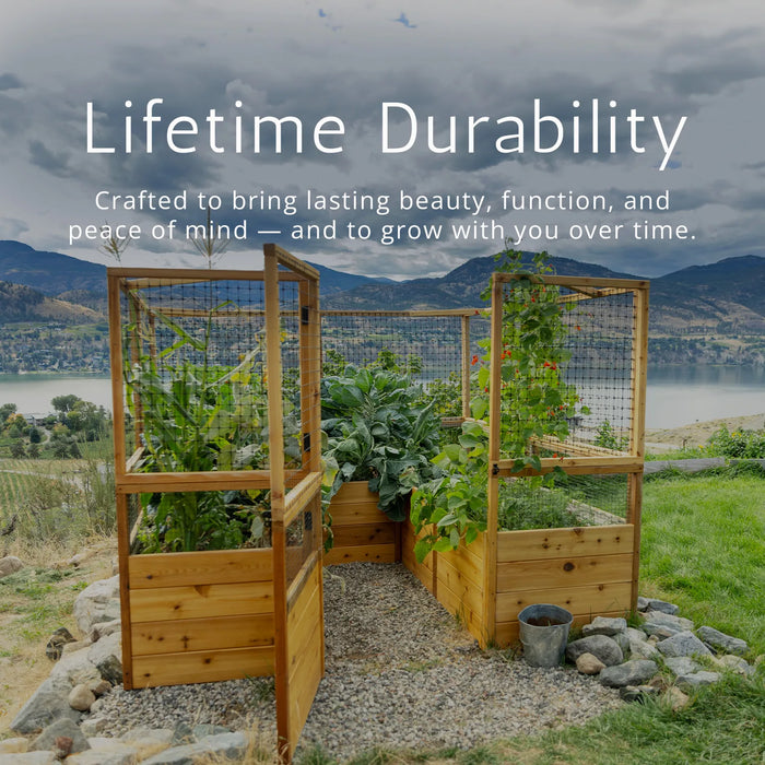 Outdoor Living Today Garden in a Box 8 x 5 raised cedar garden bed highlighting lifetime durability and sturdy mesh panels
