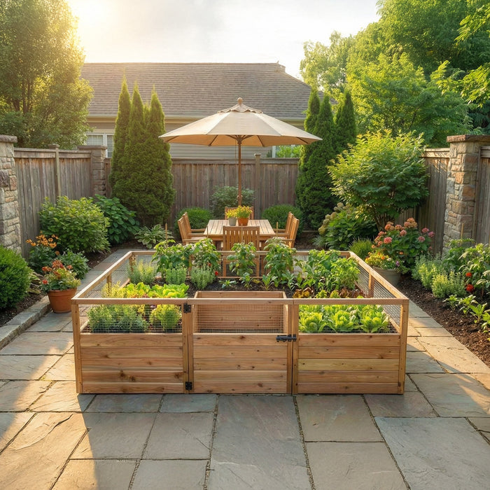 8x5 Garden in a Box in a fenced backyard, western red cedar walls and wire mesh topper framing rows of lettuce, basil and herbs at sunset