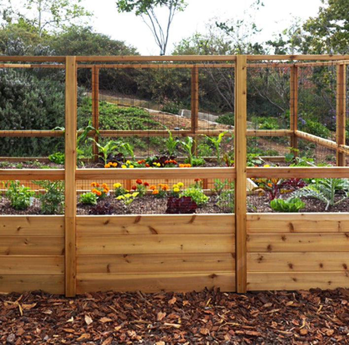 Side view of the Outdoor Living Today Garden in a Box with Deer Fence 8x12, cedar bed of corn, chard and marigolds behind wire mesh panels