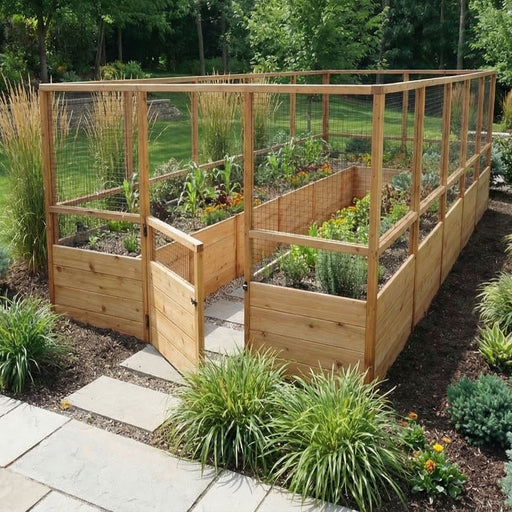 Outdoor Living Today Garden in a Box with Deer Fence 8x16, cedar gate open to a flagstone path, corn, marigolds and rosemary in the beds