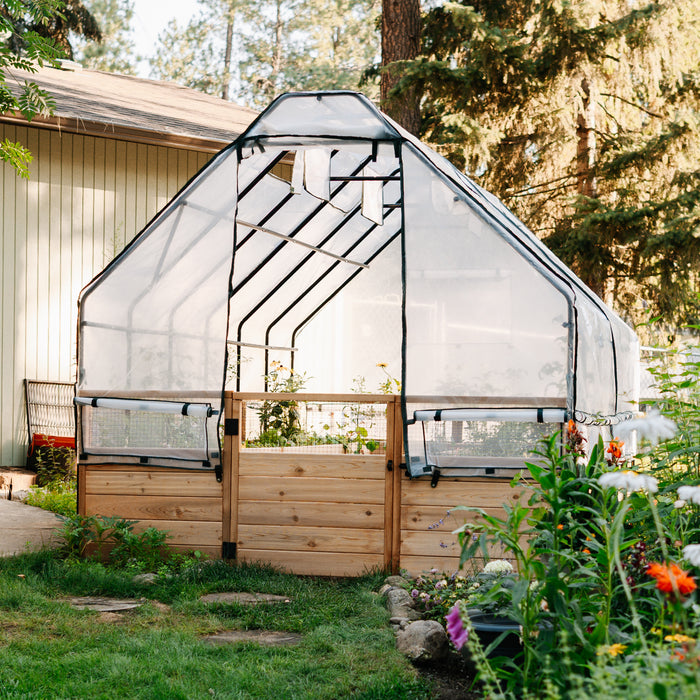Front view of the 8x12 Greenhouse Garden in a Box, cedar gate and mesh panels below a clear canopy with roll-up windows in a flowering yard