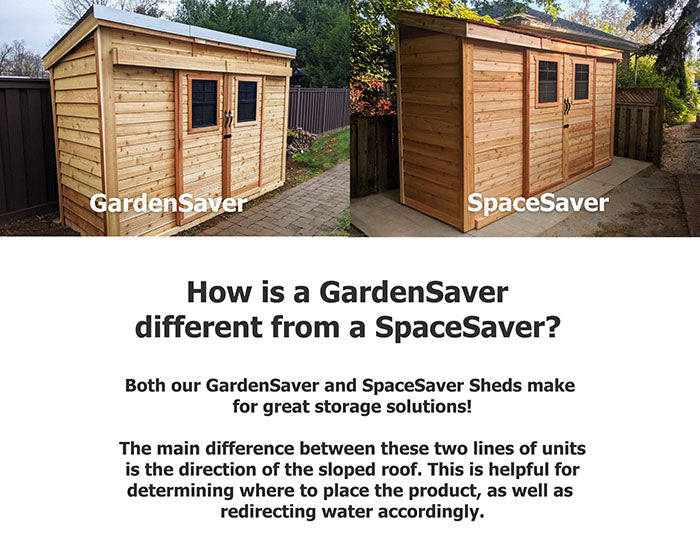 Comparative display of GardenSaver and SpaceSaver 8x4 sheds highlighting roof slope direction