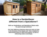 Comparative visual guide between GardenSaver and SpaceSaver 8x4 sheds, highlighting differences in roof slope direction for optimal water redirection