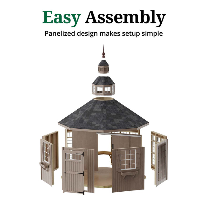 Easy assembly panelized design of the Little Cottage Co. 12x12 Garden Shed Greenhouse with pre-built wall sections and roof panels