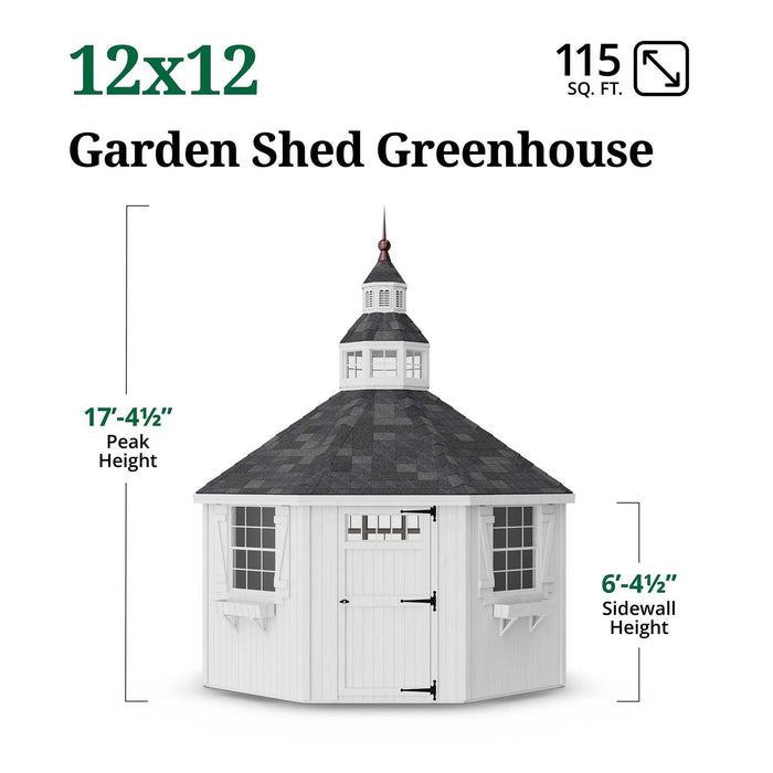 Dimensions of the Little Cottage Co. 12x12 Garden Shed Greenhouse with 115 sq. ft. interior space, 17’ peak height, and 6’4” sidewalls