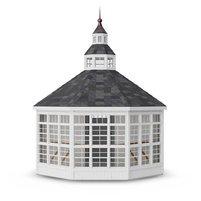 Rear exterior view of the 12x12 Garden Shed Greenhouse by Little Cottage Co., showing large windows and tall roof with cupola