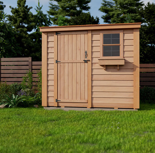 Compact garden storage shed, SpaceSaver 8x4 model, featuring a natural wood finish and a sturdy single door, set against a lush green backdrop