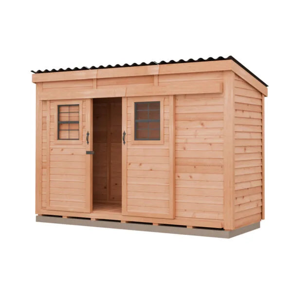 Rendered GardenSaver 12x4 Western Red Cedar Shed featuring corrugated metal roof and sliding front doors.