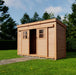 GardenSaver 12x4 Western Red Cedar Shed installed on lawn with sliding double doors and window panels.
