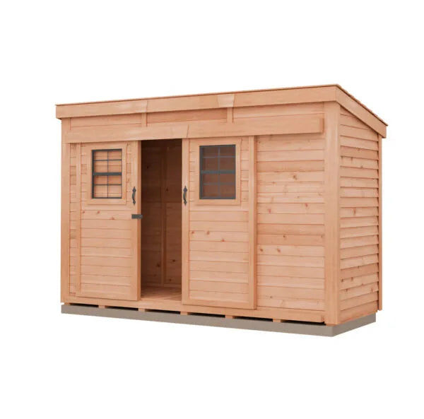 Rendered front view of GardenSaver 12x4 Western Red Cedar Shed with sliding doors and two windows on neutral background.