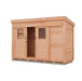 Rendered front view of GardenSaver 12x4 Western Red Cedar Shed with sliding doors and two windows on neutral background.