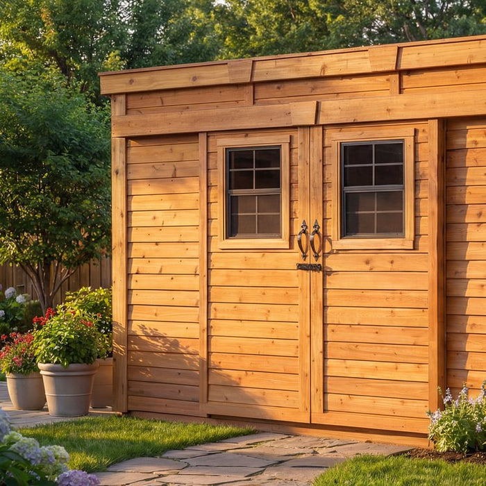 Close-up detail of the sliding doors on the Outdoor Living Today GardenSaver 12x4 shed, showing track and panel construction.