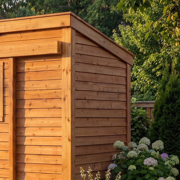 Close-up detail of the sliding doors on the GardenSaver 12x4 shed, showing track and panel construction.