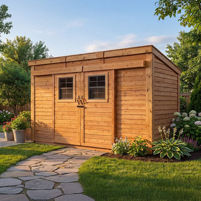 Close-up detail of the sliding doors on the Outdoor Living Today GardenSaver 12x4 shed, showing track and panel design.