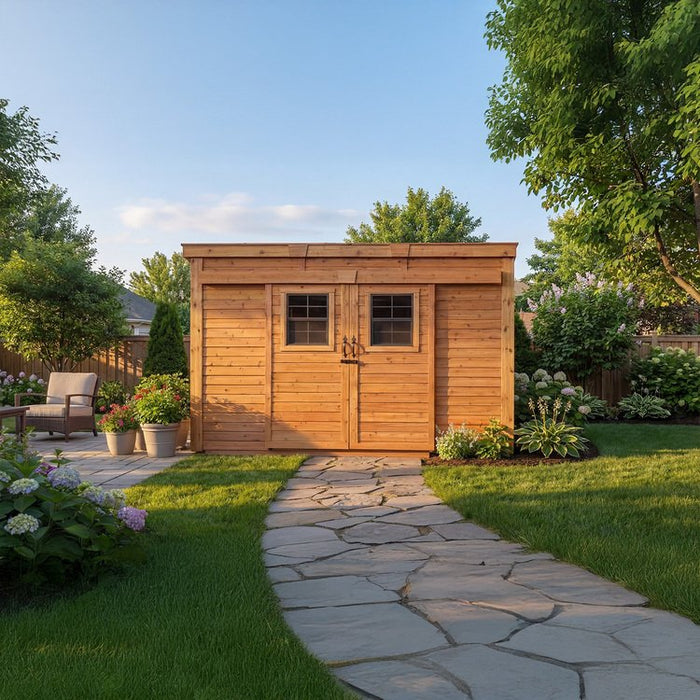 Close-up detail of the GardenSaver 12x4 shed's sliding doors, showing track and panel construction.