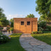 Close-up detail of the GardenSaver 12x4 shed's sliding doors, showing track and panel construction.