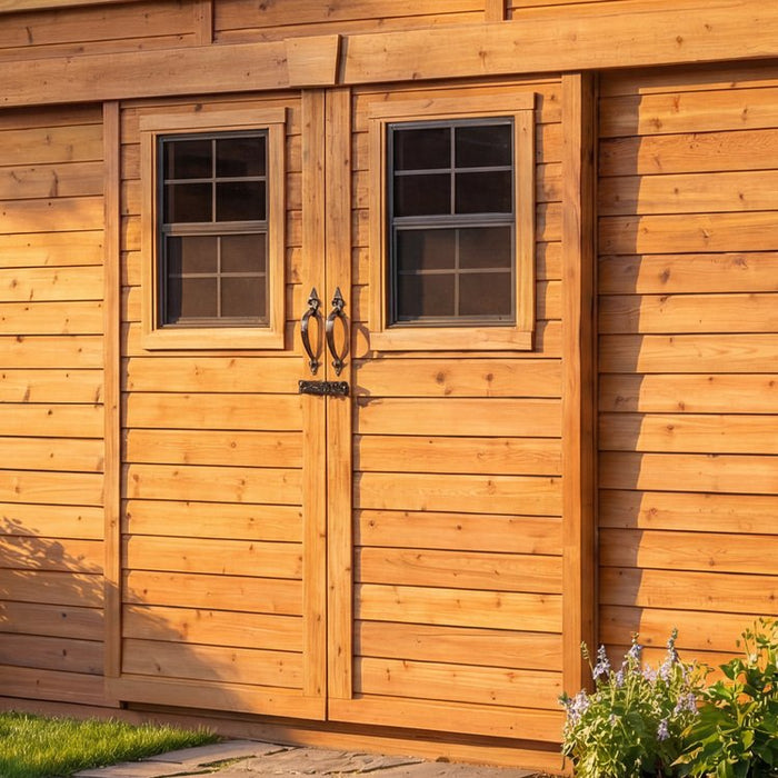 Close-up detail of the GardenSaver Shed's 12x4 sliding doors, showing track hardware and wood panel construction.