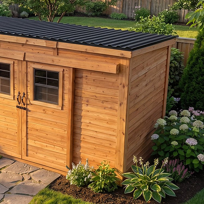 Side angle view of the Outdoor Living Today GardenSaver 12x4 shed showing its sliding doors and wood frame construction.