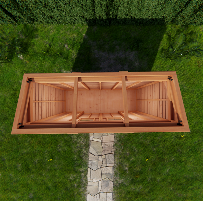Side angle view of the Outdoor Living Today GardenSaver 12x4 shed showing its sliding door design and wood construction.