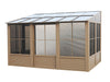  Gazebo Penguin Florence Add-A-Room in sand with sliding doors closed, emphasizing its sturdy and sleek design.