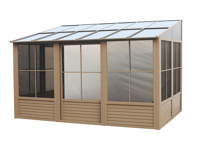 Gazebo Penguin Florence 10x16 in sand with doors closed, emphasizing the secure and robust construction.