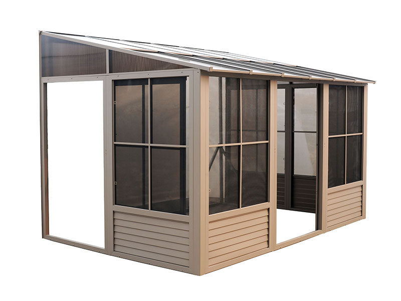 Open view of Gazebo Penguin Florence 8x16 solarium in sand, illustrating the interior space and functional sliding doors.