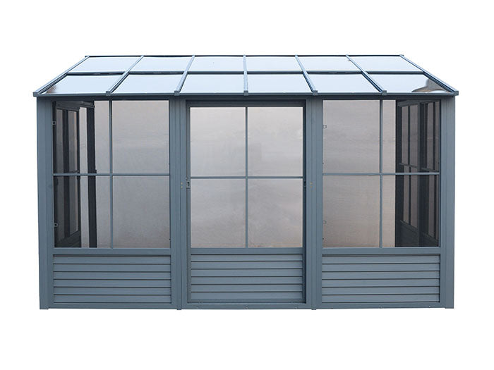 Gazebo Penguin Florence 10x12 in slate with closed sliding doors, highlighting its secure and robust build.