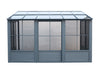  View of Gazebo Penguin Florence add-a-room in slate with closed sliding doors and roof detail.