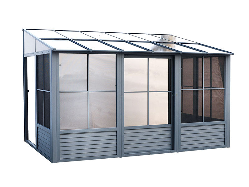 Open door view of the Gazebo Penguin Florence 8x16 solarium in slate, demonstrating the spacious interior and elegant design.