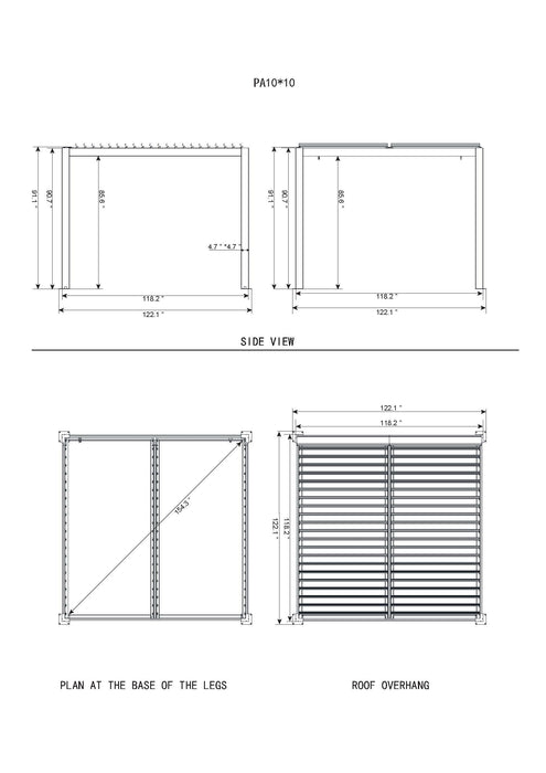 10x10 Gazebo Penguin Vikos Aluminum Stand Alone Pergola specifications diagram