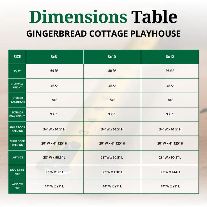 Detailed size chart for Little Cottage Co. Gingerbread Cottage Playhouse showing 8x8, 8x10, and 8x12 models with door, loft, window, and deck dimensions.